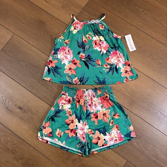 Chenault Girl NWT Green Floral Tank Top and Short Set Size 12 - Picture 1 of 8